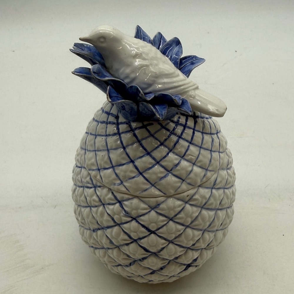 Ceramic Pineapple Jar Bird Lid Tropical Coastal Italy grandmillennial cottage
